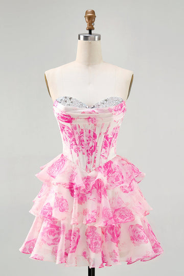 Pink Flower Strapless Corset Printed Cocktail Dress with Sequins